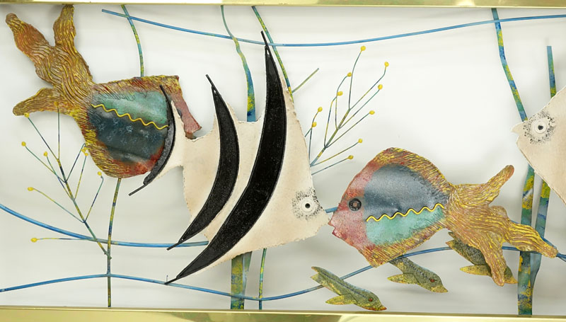 Curtis Jere, Chinese/American (1910 - 2008) Polychrome Metal and Brass "Aquarium" Wall Hanging Sculpture. 