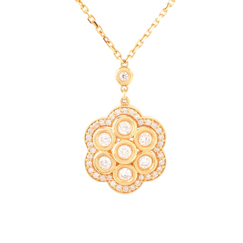 Approx. 1.50 Carat Round Brilliant Cut Diamond and 14 Karat Yellow Gold Pendant Necklace.