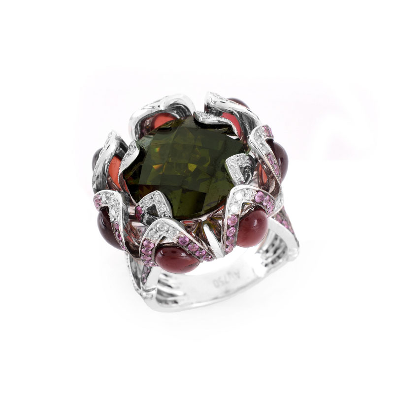 Approx. 1.60 Carat Pink Sapphire, .50 Carat Diamond, 24.0 Carat TW Garnet and Green Quartz and 18 Karat White Gold Ring. 