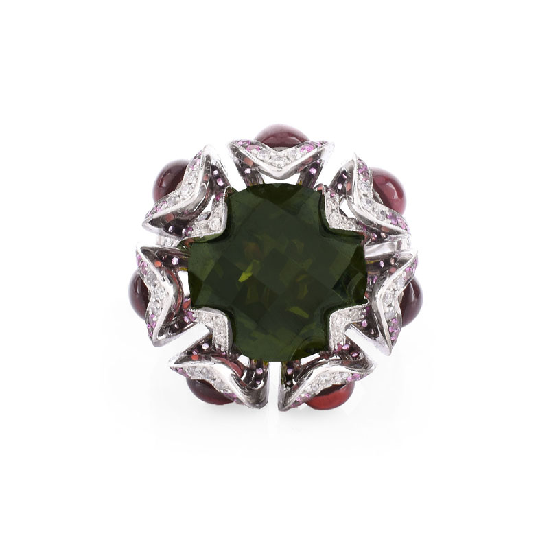 Approx. 1.60 Carat Pink Sapphire, .50 Carat Diamond, 24.0 Carat TW Garnet and Green Quartz and 18 Karat White Gold Ring. 