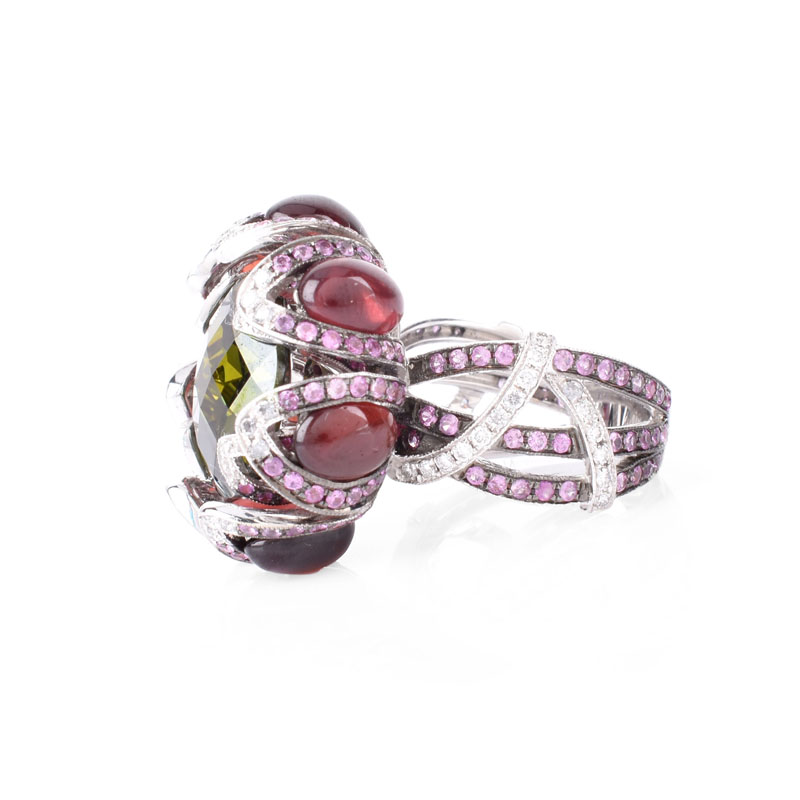 Approx. 1.60 Carat Pink Sapphire, .50 Carat Diamond, 24.0 Carat TW Garnet and Green Quartz and 18 Karat White Gold Ring. 