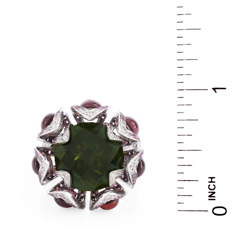 Approx. 1.60 Carat Pink Sapphire, .50 Carat Diamond, 24.0 Carat TW Garnet and Green Quartz and 18 Karat White Gold Ring. 