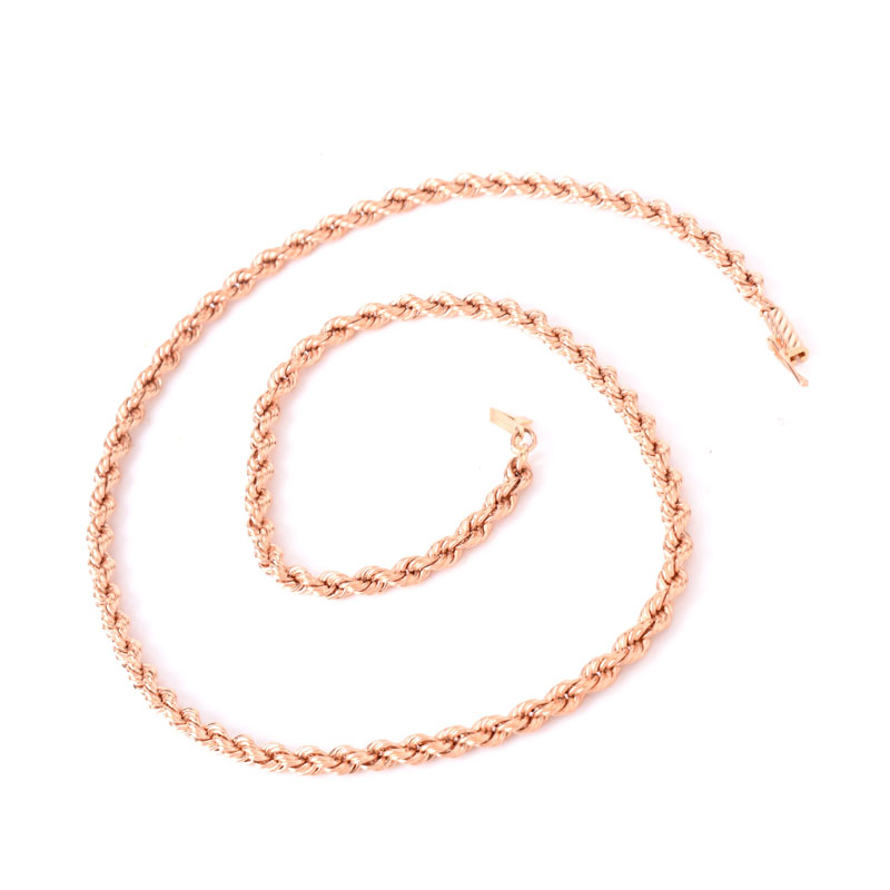 Vintage 14 Karat Rose Gold Rope Link Chain. Stamped 14K.