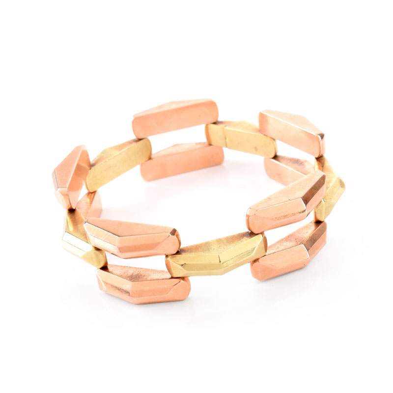 Retro 14 Karat Yellow and Pink Gold Geometric Link Bracelet. Stamped 14K.