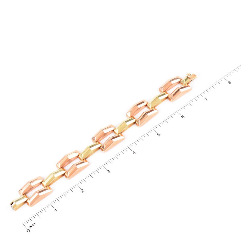 Retro 14 Karat Yellow and Pink Gold Geometric Link Bracelet. Stamped 14K.