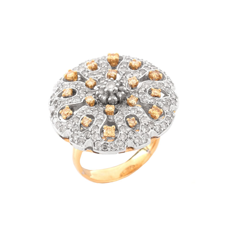 Approx. 1.40 Carat Pave Set Round Brilliant Cut White Diamond, .40 Carat Round Brilliant Cut Fancy Yellow Diamond and 18 Karat Yellow Gold Ring.