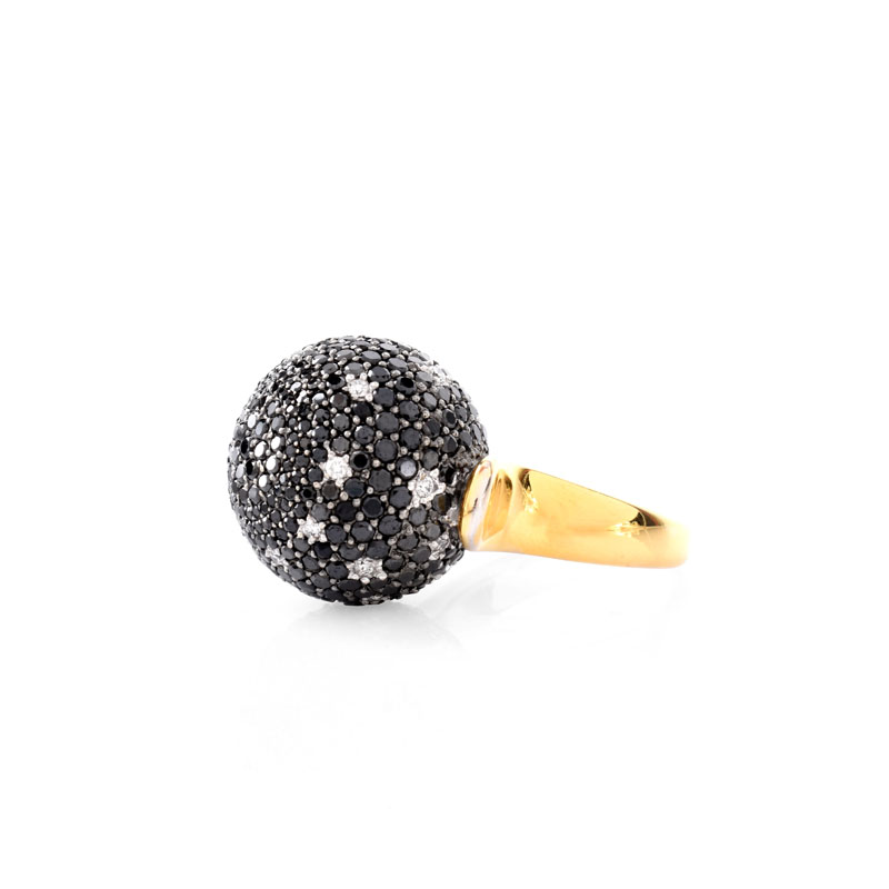 Approx. 2.10 Carat Micro Pave Set Round Brilliant Cut Black and White Diamond and 18 Karat Yellow Gold Ball Ring.