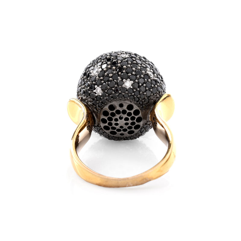 Approx. 2.10 Carat Micro Pave Set Round Brilliant Cut Black and White Diamond and 18 Karat Yellow Gold Ball Ring.