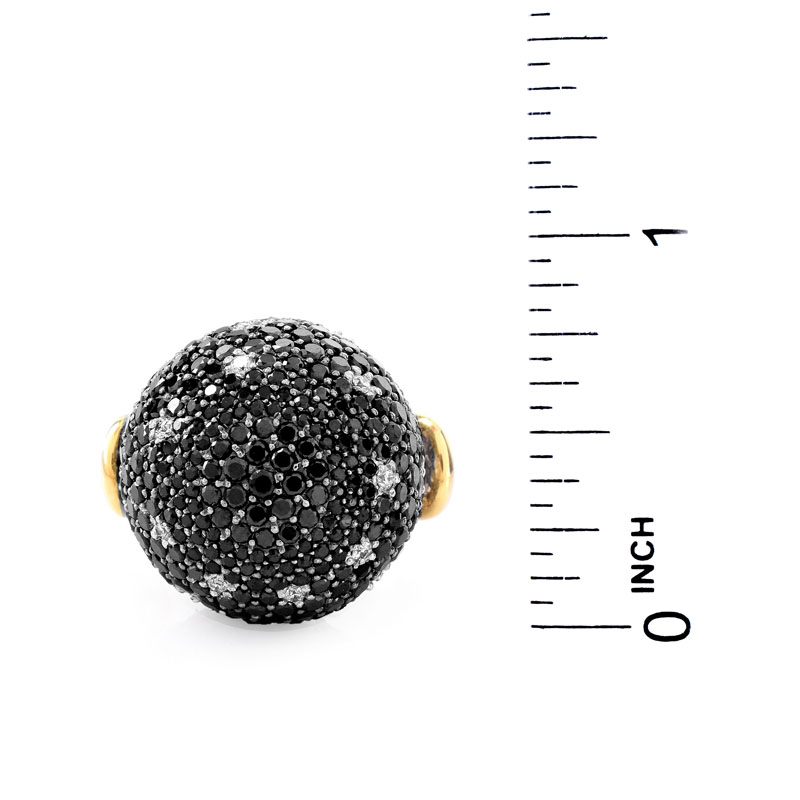 Approx. 2.10 Carat Micro Pave Set Round Brilliant Cut Black and White Diamond and 18 Karat Yellow Gold Ball Ring.