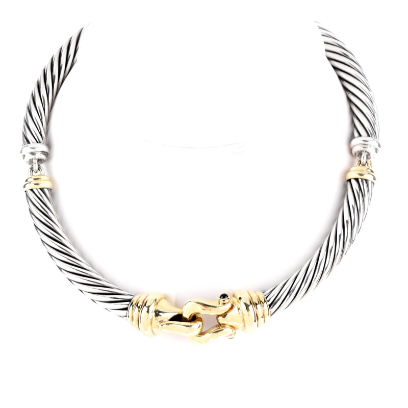 Vintage David Yurman Sterling Silver and 14 Karat Yellow Gold Cable Hinged Bangle and Choker Necklace Suite with Cabochon Emerald and Ruby Accents.