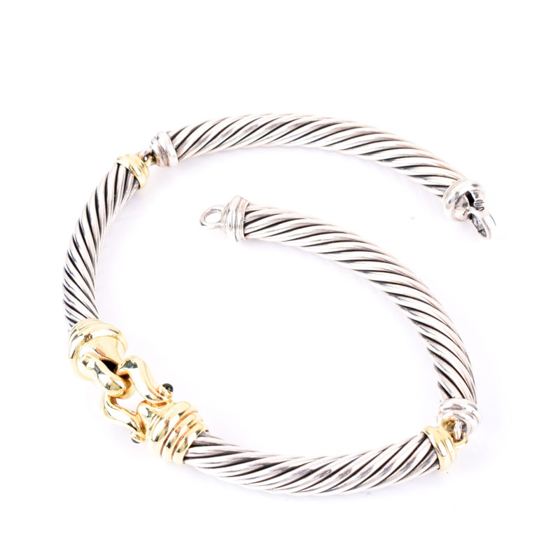Vintage David Yurman Sterling Silver and 14 Karat Yellow Gold Cable Hinged Bangle and Choker Necklace Suite with Cabochon Emerald and Ruby Accents.