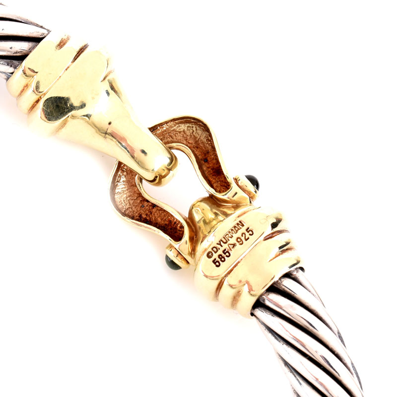 Vintage David Yurman Sterling Silver and 14 Karat Yellow Gold Cable Hinged Bangle and Choker Necklace Suite with Cabochon Emerald and Ruby Accents.