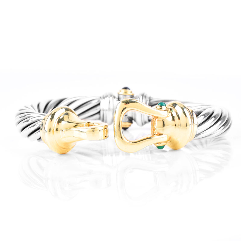 Vintage David Yurman Sterling Silver and 14 Karat Yellow Gold Cable Hinged Bangle and Choker Necklace Suite with Cabochon Emerald and Ruby Accents.