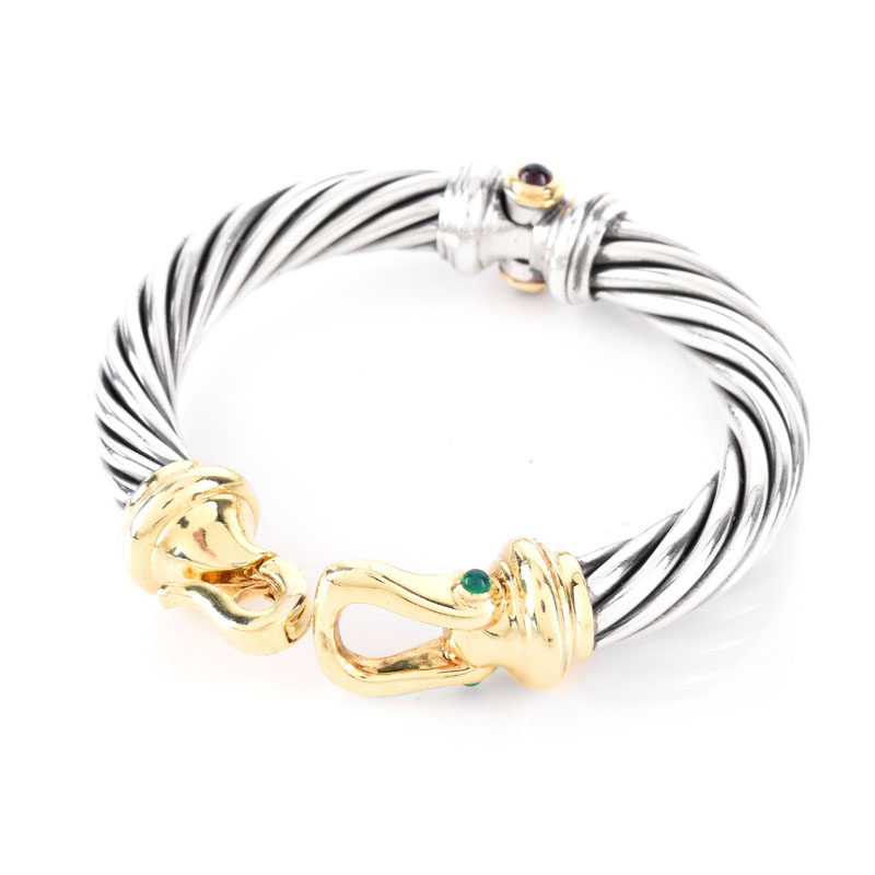 Vintage David Yurman Sterling Silver and 14 Karat Yellow Gold Cable Hinged Bangle and Choker Necklace Suite with Cabochon Emerald and Ruby Accents.
