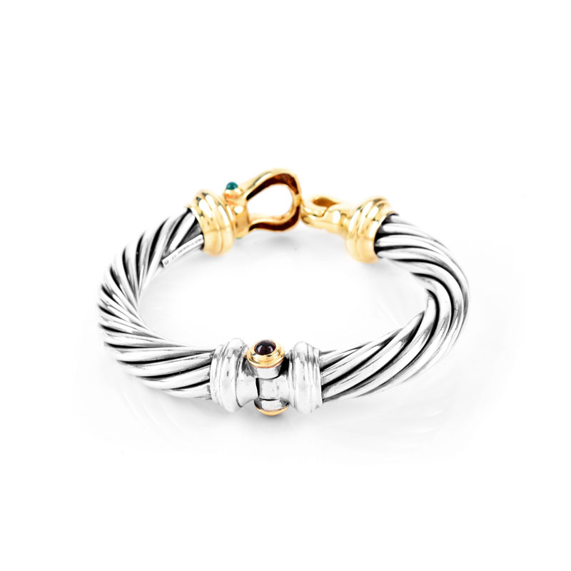Vintage David Yurman Sterling Silver and 14 Karat Yellow Gold Cable Hinged Bangle and Choker Necklace Suite with Cabochon Emerald and Ruby Accents.