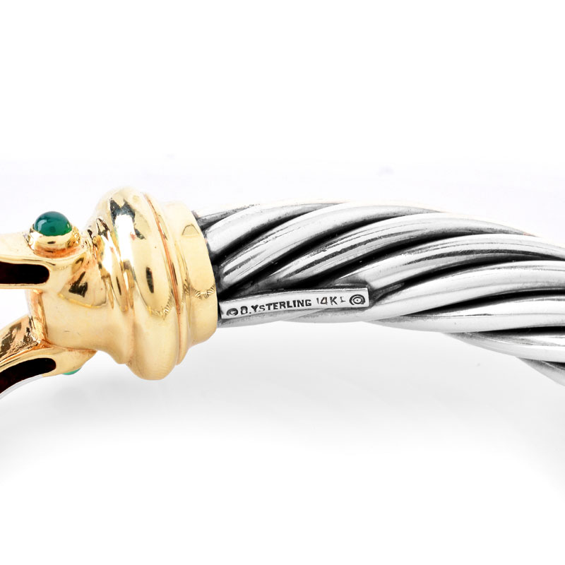 Vintage David Yurman Sterling Silver and 14 Karat Yellow Gold Cable Hinged Bangle and Choker Necklace Suite with Cabochon Emerald and Ruby Accents.