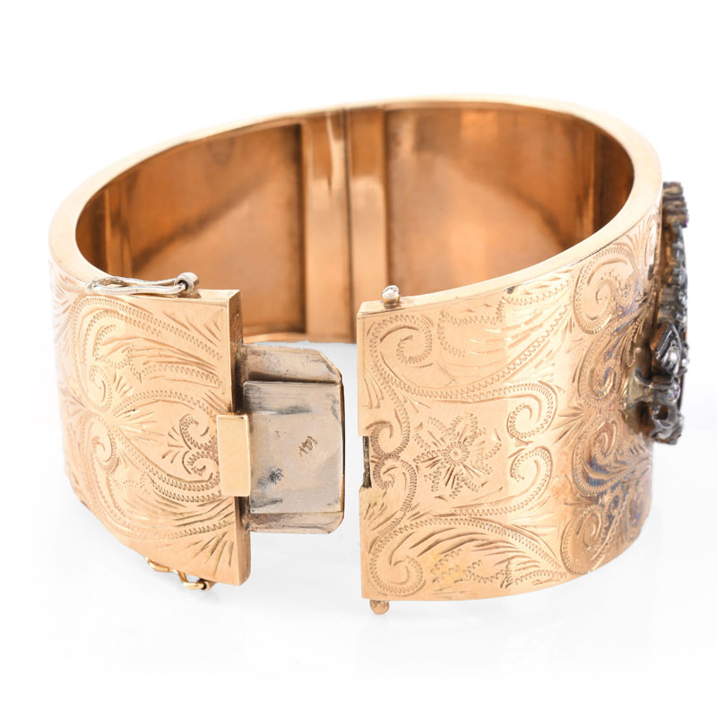 Antique 14 Karat Yellow Gold Hinged Wide Cuff Bangle with Porcelain Miniature, Diamond and Gemstone Accents. 