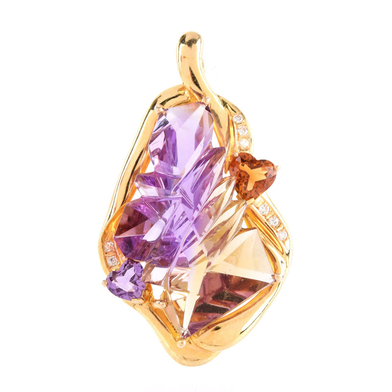 Modern Design Carved Amethyst, Diamond, Citrine and 14 Karat Yellow Gold Pendant. 