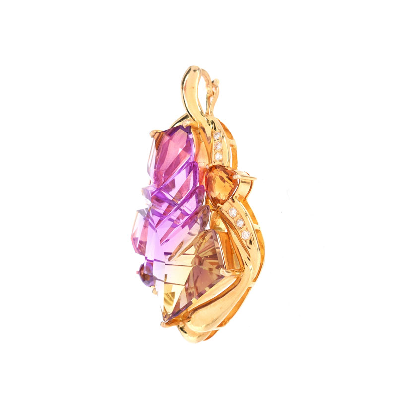 Modern Design Carved Amethyst, Diamond, Citrine and 14 Karat Yellow Gold Pendant. 