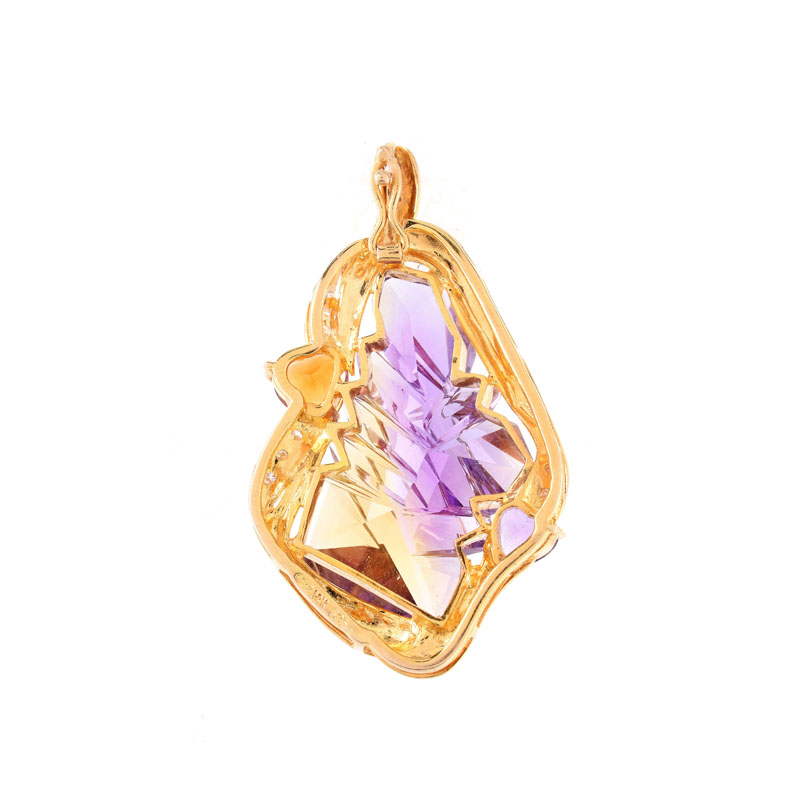 Modern Design Carved Amethyst, Diamond, Citrine and 14 Karat Yellow Gold Pendant. 