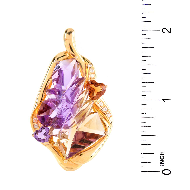 Modern Design Carved Amethyst, Diamond, Citrine and 14 Karat Yellow Gold Pendant. 