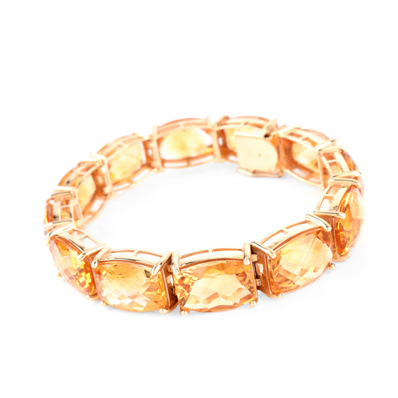 Criss Cross Cut Citrine and 14 Karat Yellow Gold Bracelet.