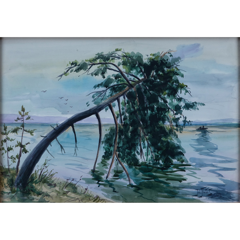 Julian Falat, Polish (1853 - 1929) Watercolor "Tree Over Lake". 