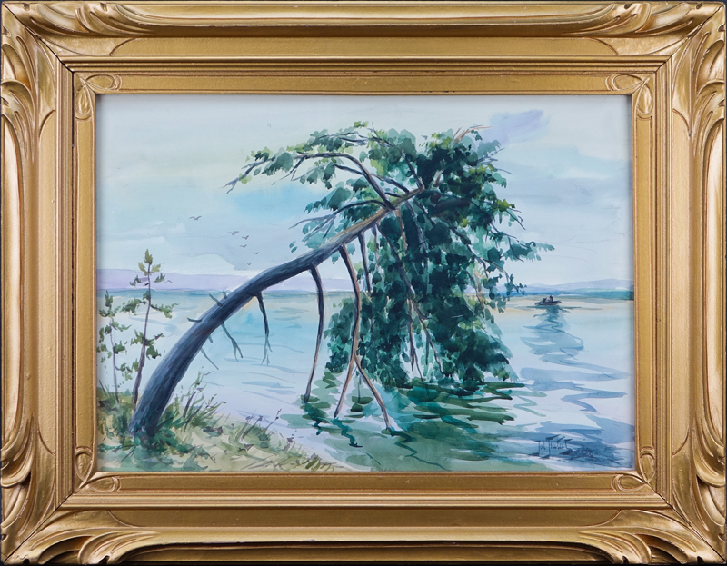 Julian Falat, Polish (1853 - 1929) Watercolor "Tree Over Lake". 
