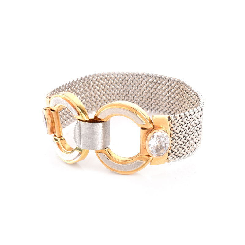 Vintage Italian 18 Karat Yellow and White Gold Mesh Link Bracelet with Cubic Zirconia Accents.