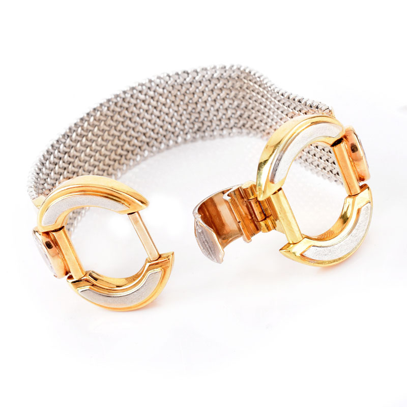 Vintage Italian 18 Karat Yellow and White Gold Mesh Link Bracelet with Cubic Zirconia Accents.