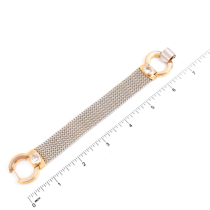 Vintage Italian 18 Karat Yellow and White Gold Mesh Link Bracelet with Cubic Zirconia Accents.