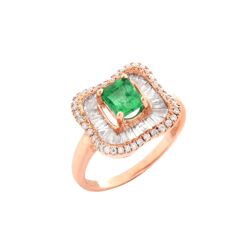 Approx. .75 Carat Colombian Emerald, 1.0 Carat Baguette and Round Brilliant Cut Diamond and 14 Karat Pink Gold Ring. 