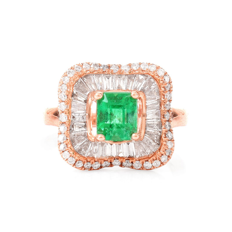 Approx. .75 Carat Colombian Emerald, 1.0 Carat Baguette and Round Brilliant Cut Diamond and 14 Karat Pink Gold Ring. 