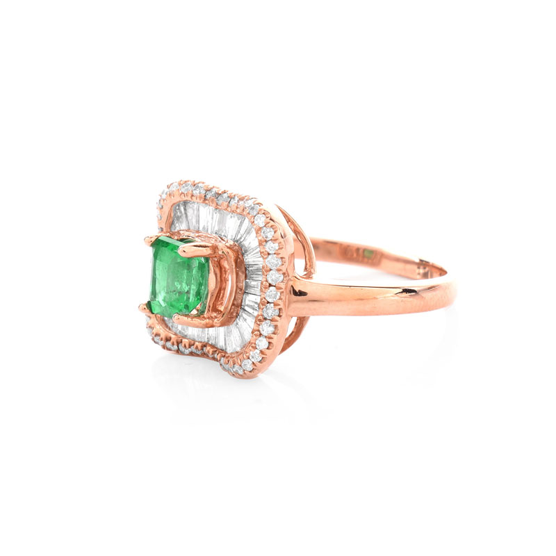 Approx. .75 Carat Colombian Emerald, 1.0 Carat Baguette and Round Brilliant Cut Diamond and 14 Karat Pink Gold Ring. 