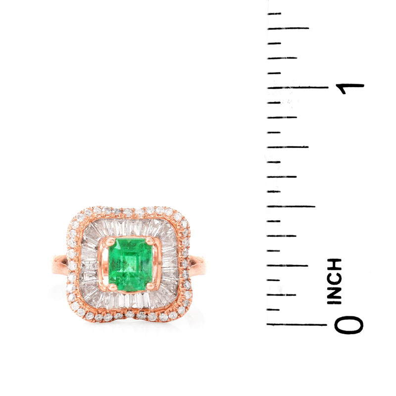 Approx. .75 Carat Colombian Emerald, 1.0 Carat Baguette and Round Brilliant Cut Diamond and 14 Karat Pink Gold Ring. 