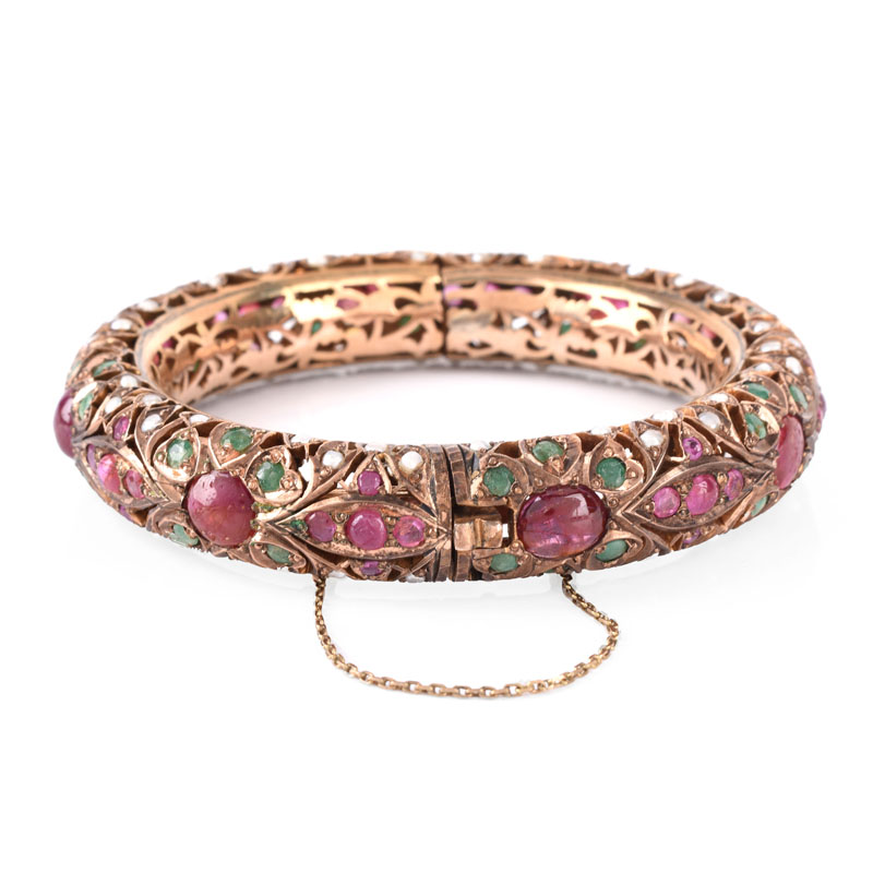 Vintage Ruby, Emerald, Pearl, Silver and Gold-filled Hinged Bangle Bracelet. Unsigned. Missing a small pearl. 