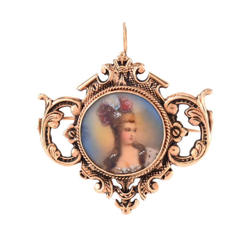 Vintage 14 Karat Yellow Gold Pendant / Brooch with Painted Portrait Miniature.