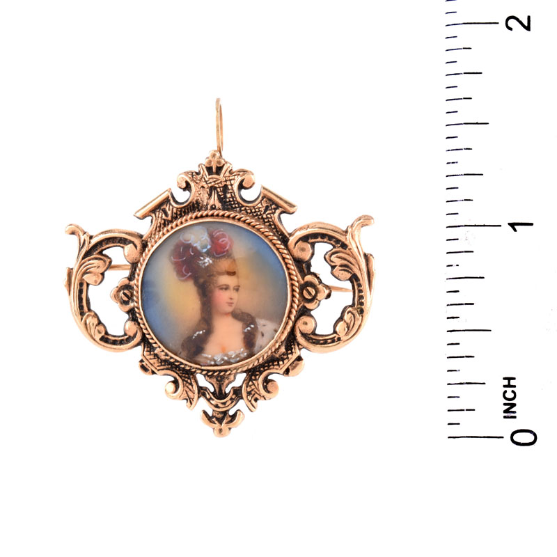 Vintage 14 Karat Yellow Gold Pendant / Brooch with Painted Portrait Miniature.