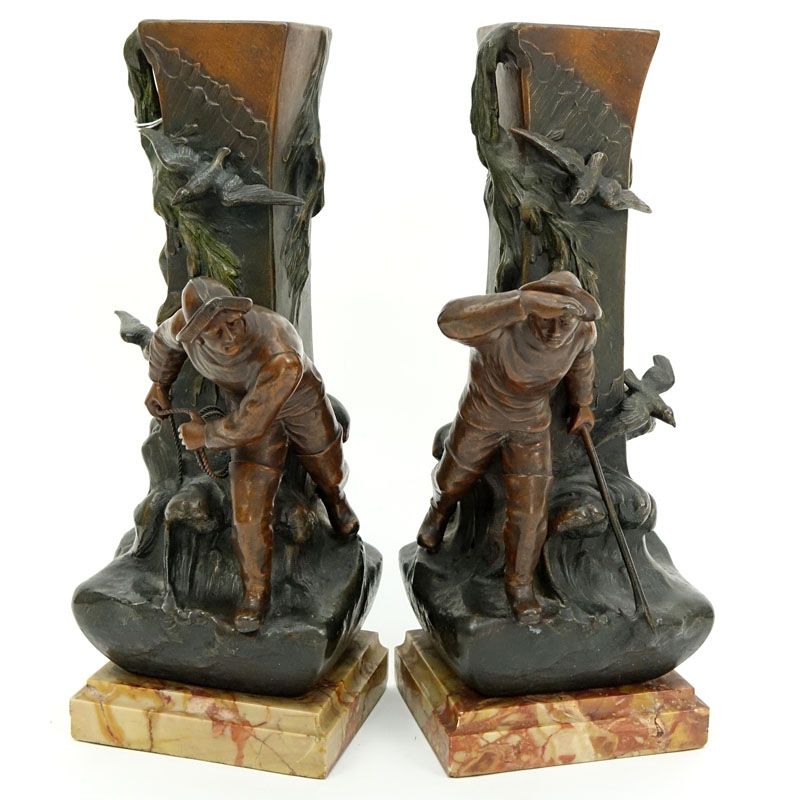 Pair of Art Nouveau Cold Painted Metal Sculptures of Whalers / Fishermen on Marble Bases.