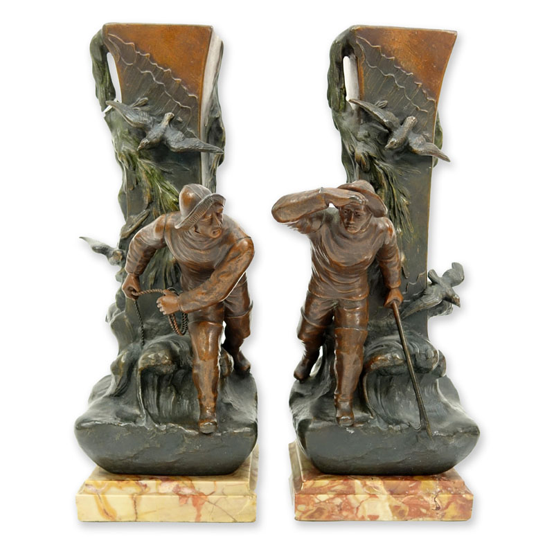 Pair of Art Nouveau Cold Painted Metal Sculptures of Whalers / Fishermen on Marble Bases.