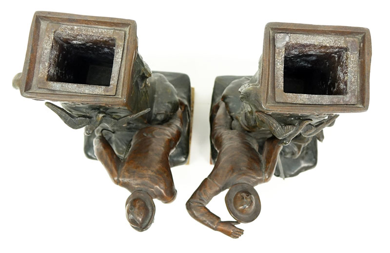 Pair of Art Nouveau Cold Painted Metal Sculptures of Whalers / Fishermen on Marble Bases.