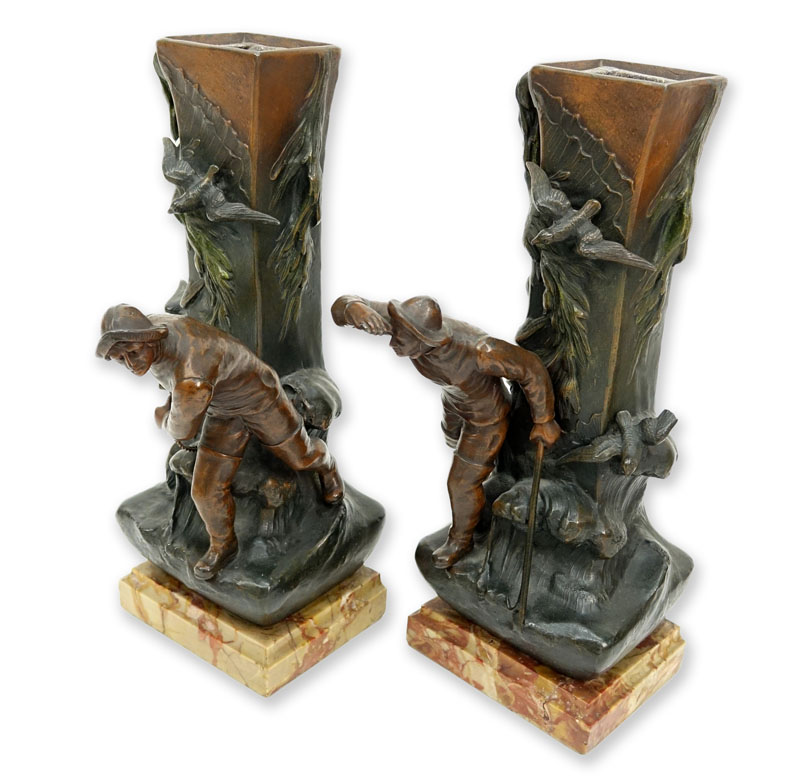 Pair of Art Nouveau Cold Painted Metal Sculptures of Whalers / Fishermen on Marble Bases.