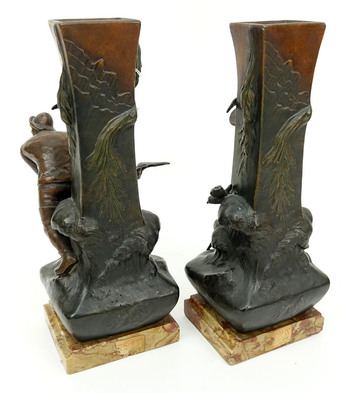 Pair of Art Nouveau Cold Painted Metal Sculptures of Whalers / Fishermen on Marble Bases.