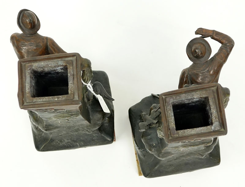 Pair of Art Nouveau Cold Painted Metal Sculptures of Whalers / Fishermen on Marble Bases.