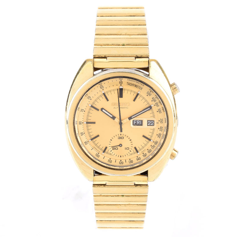 Men's Vintage Seiko Tachymeter Gold Plated Stainless Steel Automatic Bracelet Watch, 6139-6015. 