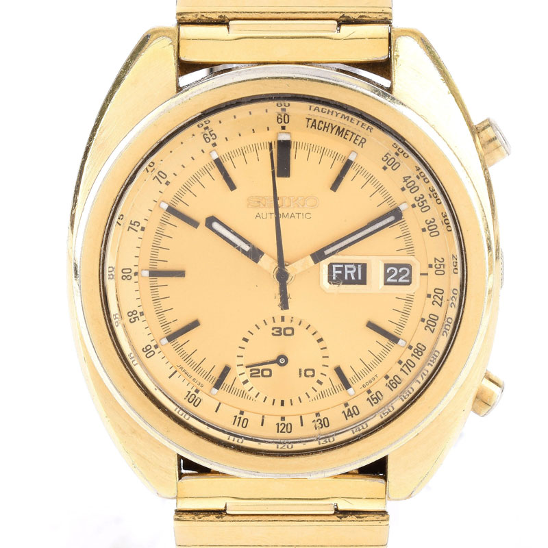 Men's Vintage Seiko Tachymeter Gold Plated Stainless Steel Automatic Bracelet Watch, 6139-6015. 