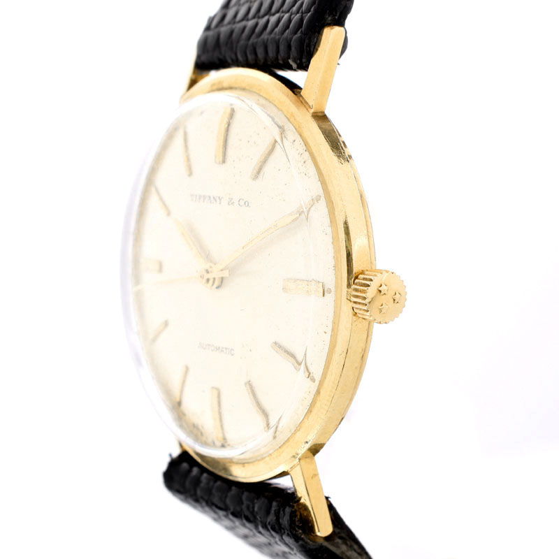 Man's Vintage Tiffany & Co 14 Karat Yellow Gold Automatic Movement Watch with Lizard Strap, Stamped 14K.