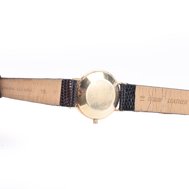 Man's Vintage Tiffany & Co 14 Karat Yellow Gold Automatic Movement Watch with Lizard Strap, Stamped 14K.