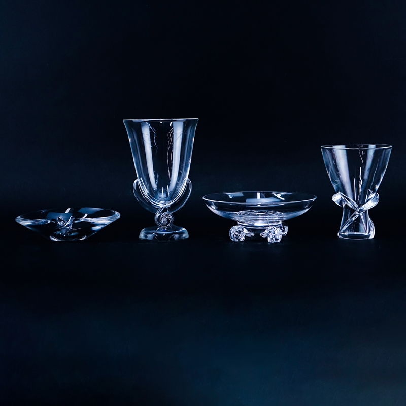 Four (4) Steuben Crystal Tableware. Includes: 2 vases, footed bowl, and dish/ ashtray.