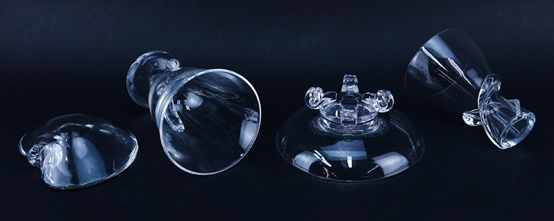 Four (4) Steuben Crystal Tableware. Includes: 2 vases, footed bowl, and dish/ ashtray.